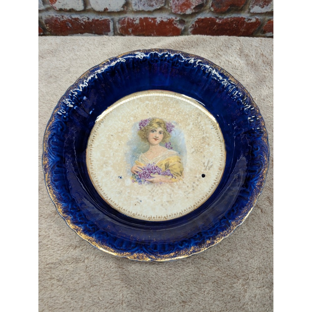 Antique Crown Potteries Cobalt Blue Flow Blue Bowl Victorian Lady Violets 1905